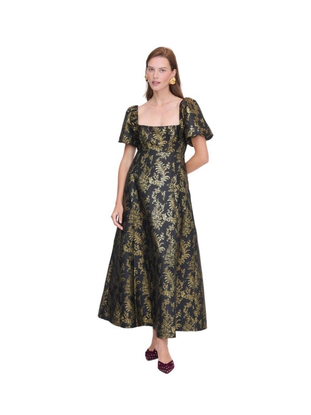 Hill House The Matilda in Black Gold Bird Brocade Smocked Dress size M - Picture 2 of 5